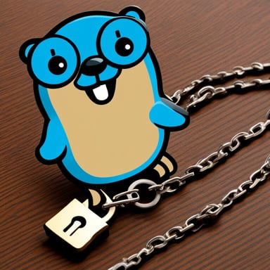 Happy go blue gopher from Gopass with a padlock on a chain as a necklace