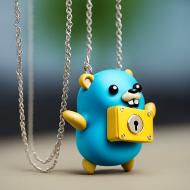 Happy go blue gopher from Gopass with a padlock on a chain as a necklace