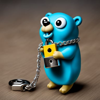 Happy go blue gopher from Gopass with a padlock on a chain as a necklace