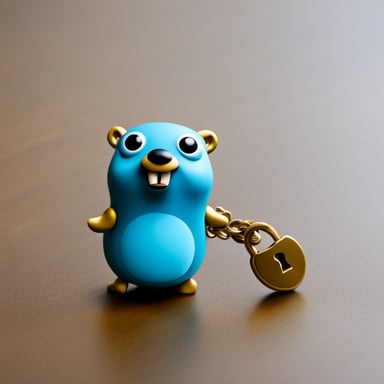 Happy go blue gopher from Gopass with a padlock on a chain as a necklace