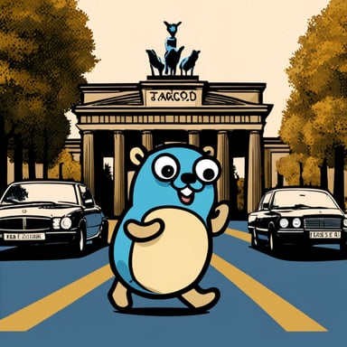 Go Blue Gopher sightseeing Berlin in a T-shirt with ArgoCD.