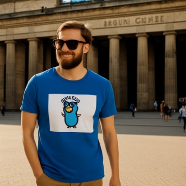 Go Blue Gopher sightseeing Berlin in a T-shirt with ArgoCD.