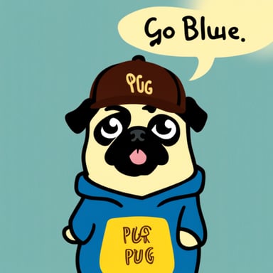 Go Blue Gopher as a pug dog with LIVI PPLS written on her hat.