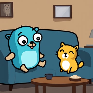 Go Blue Gopher sitting on the couch next to a cat.