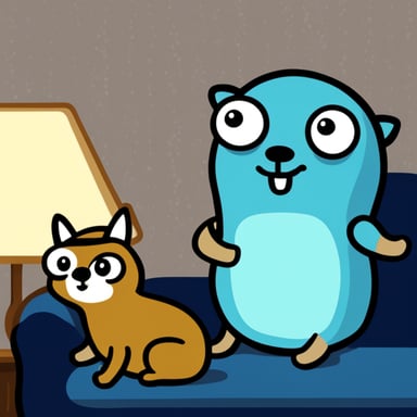 Go Blue Gopher sitting on the couch next to a cat.