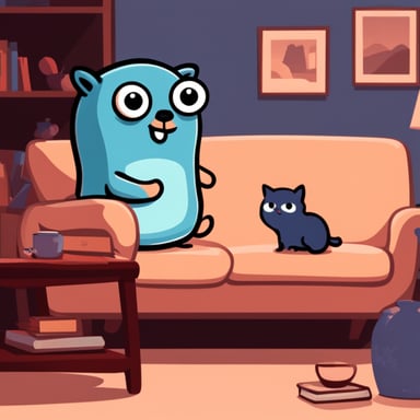 Go Blue Gopher sitting on the couch next to a cat.