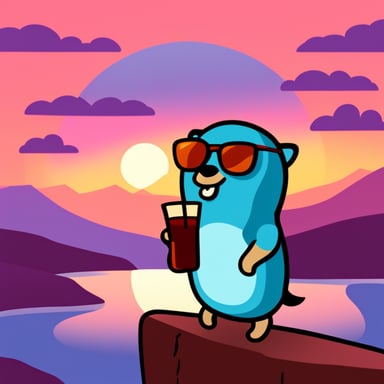 Go Blue Gopher drinking a wine in front of sunset.