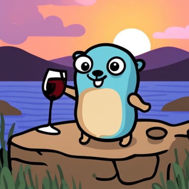 Go Blue Gopher drinking a wine in front of sunset.