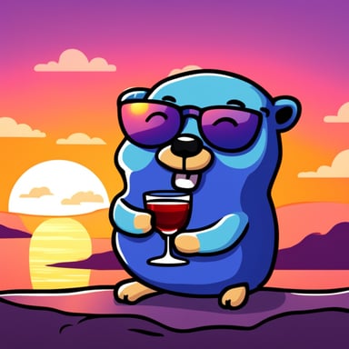 Go Blue Gopher drinking a wine in front of sunset.