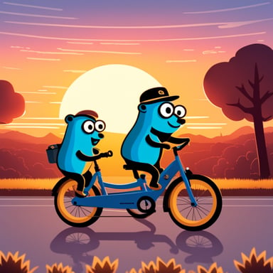 Two happy Go Blue Gophers riding a tandem bike in the sunset.