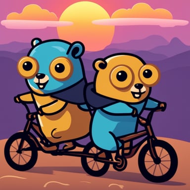 Two happy Go Blue Gophers riding a tandem bike in the sunset.