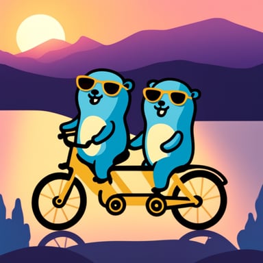 Two happy Go Blue Gophers riding a tandem bike in the sunset.