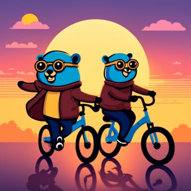 Two happy Go Blue Gophers riding a tandem bike in the sunset.