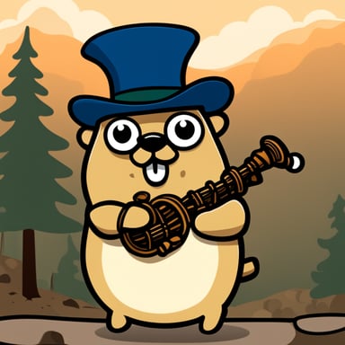 Happy Go Blue Gopher with a bagpipe in 2D.