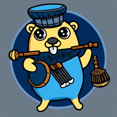 Happy Go Blue Gopher with a bagpipe in 2D.