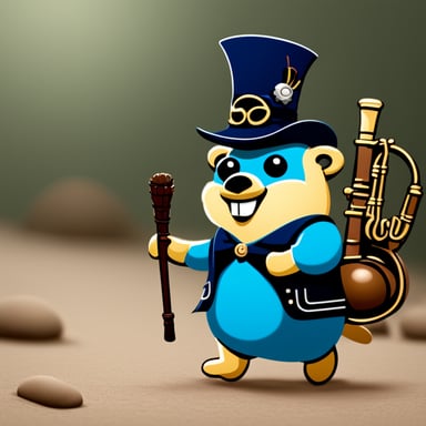 Happy Go Blue Gopher with a bagpipe in 2D.
