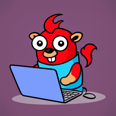 Go blue gopher as a red devil with horns is using a laptop, and the laptop is on fire.