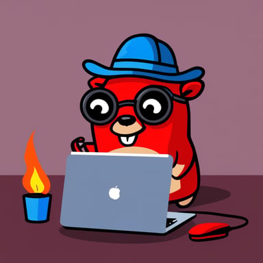 Go blue gopher as a red devil with horns is using a laptop, and the laptop is on fire.