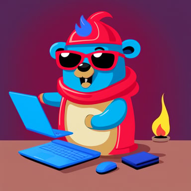 Go blue gopher as a red devil with horns is using a laptop, and the laptop is on fire.