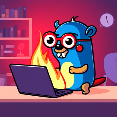 Go blue gopher as a red devil with horns is using a laptop, and the laptop is on fire.