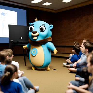 Go Blue Gopher giving a talk, while a commercial is playing in the background.
