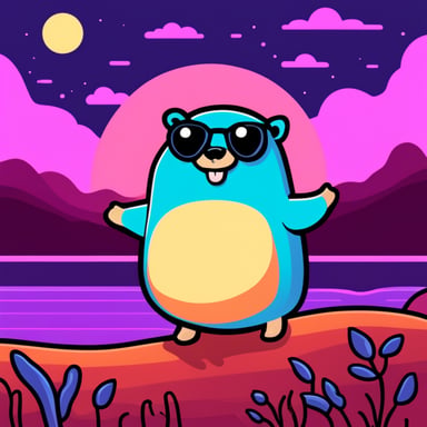 Happy go blue gopher with a synthwave landscape.