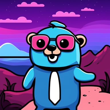 Happy go blue gopher with a synthwave landscape.