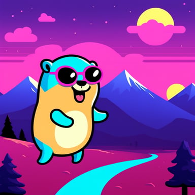 Happy go blue gopher with a synthwave landscape.