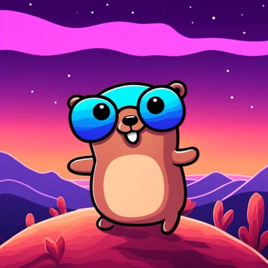 Happy go blue gopher with a synthwave landscape.