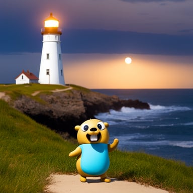 Go Blue Gopher in front of a lighthouse at the Atlantic Ocean.