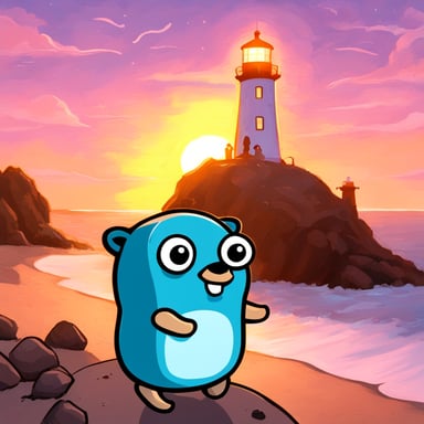Go Blue Gopher in front of a lighthouse at the Atlantic Ocean.