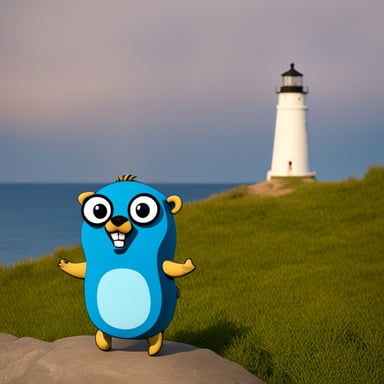 Go Blue Gopher in front of a lighthouse at the Atlantic Ocean.