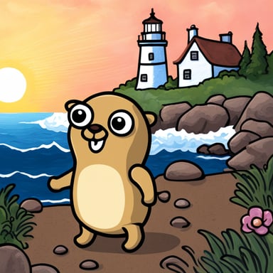 Go Blue Gopher in front of a lighthouse at the Atlantic Ocean.