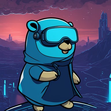 Cyberpunk Go Blue Gopher explores a futuristic landscape.