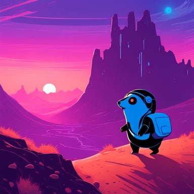 Cyberpunk Go Blue Gopher explores a futuristic landscape.