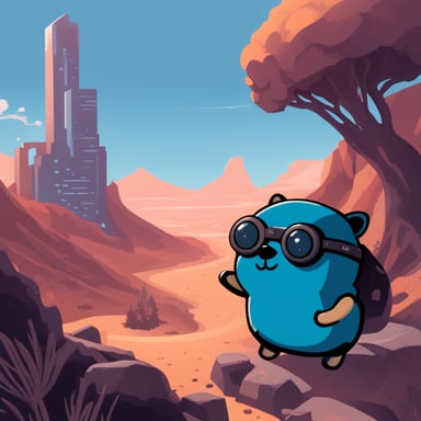 Cyberpunk Go Blue Gopher explores a futuristic landscape.
