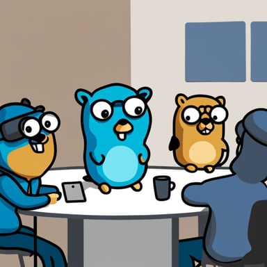 Go Blue Gopher sitting in a panel together with four humans, trying to answer a question from the moderator.