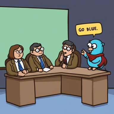 Go Blue Gopher sitting in a panel together with four humans, trying to answer a question from the moderator.