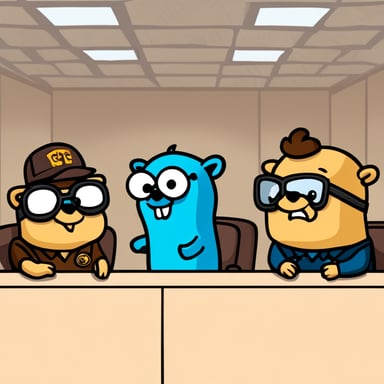 Go Blue Gopher sitting in a panel together with four humans, trying to answer a question from the moderator.