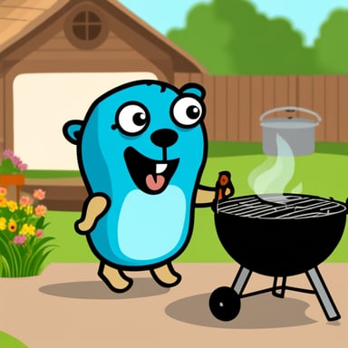 Go blue gopher standing in front of the barbecue at a grill party in the garden.