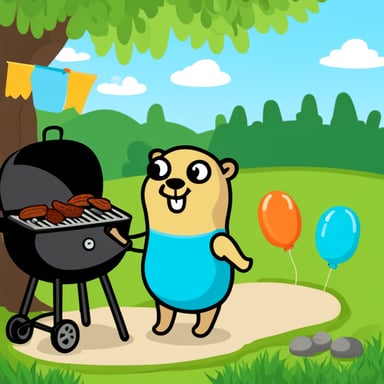 Go blue gopher standing in front of the barbecue at a grill party in the garden.