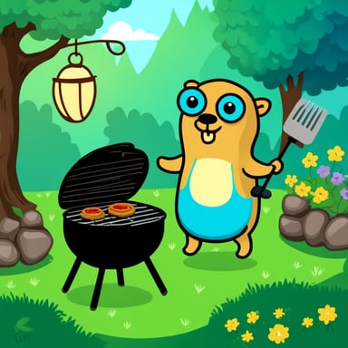 Go blue gopher standing in front of the barbecue at a grill party in the garden.