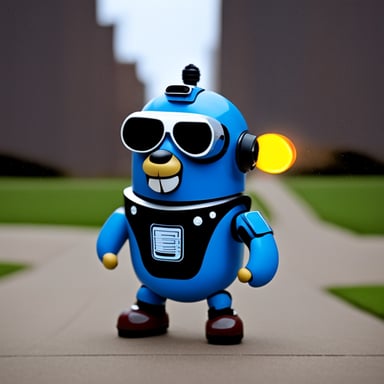 Go Blue Gopher wearing a RoboCop helmet with lights.