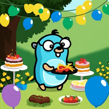 Go blue gopher BBQing at a garden party with balloons and a garland around him.