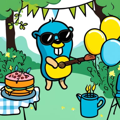 Go blue gopher BBQing at a garden party with balloons and a garland around him.