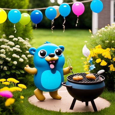 Go blue gopher BBQing at a garden party with balloons and a garland around him.