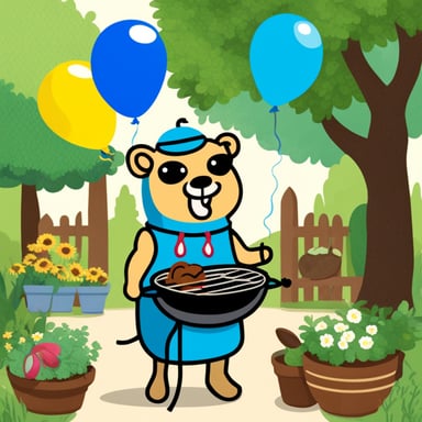 Go blue gopher BBQing at a garden party with balloons and a garland around him.
