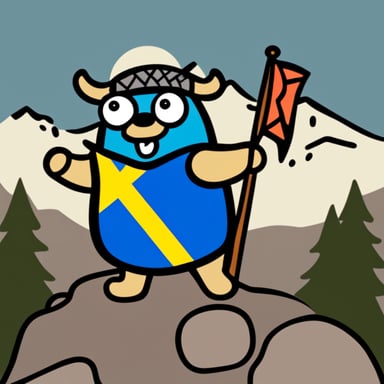 A go blue gopher holding a Swedish flag, looking like a Viking in the mountains.