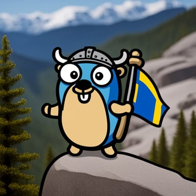A go blue gopher holding a Swedish flag, looking like a Viking in the mountains.
