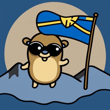 A go blue gopher holding a Swedish flag, looking like a Viking in the mountains.